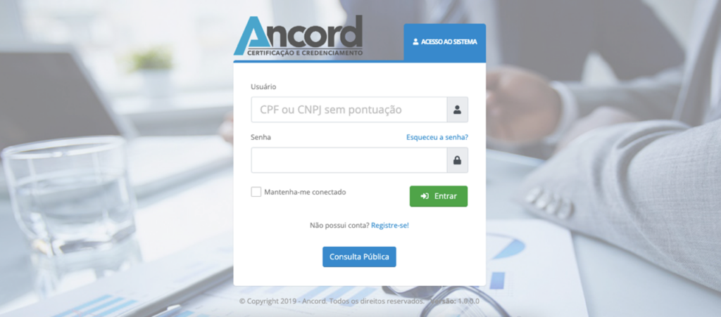 Tela de login antes de cadastrar pontuação no PEC da ANCORD
