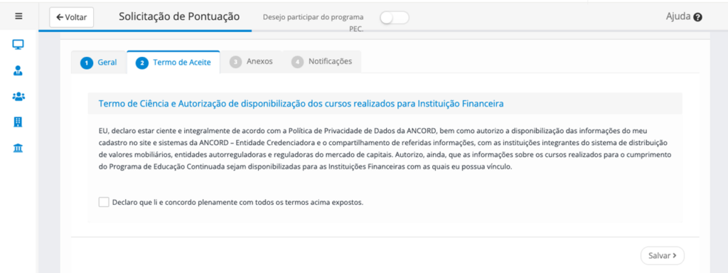 Formulário de cadastramento de pontos