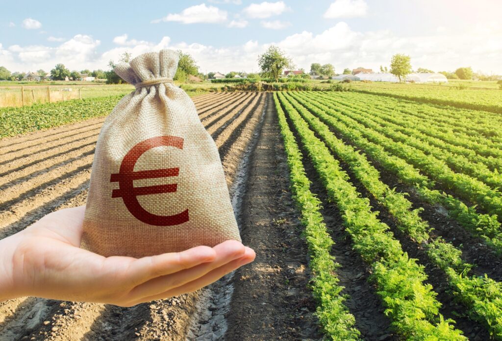 Mão segurando um saco com símbolo do Euro em uma fazenda representando como investir em Fiagro