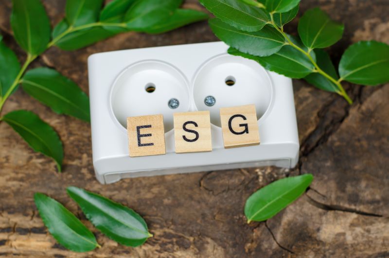 Cubos com as letras E, S, G sobre uma tomada elétrica representando o futuro do ESG