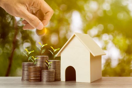 Pilhas de moedas com uma muda de planta sobre cada pilha, representando crescimento de investimento