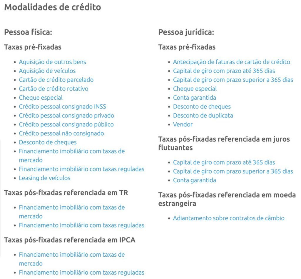 Links para consulta de taxas no site do banco central (BACEN)